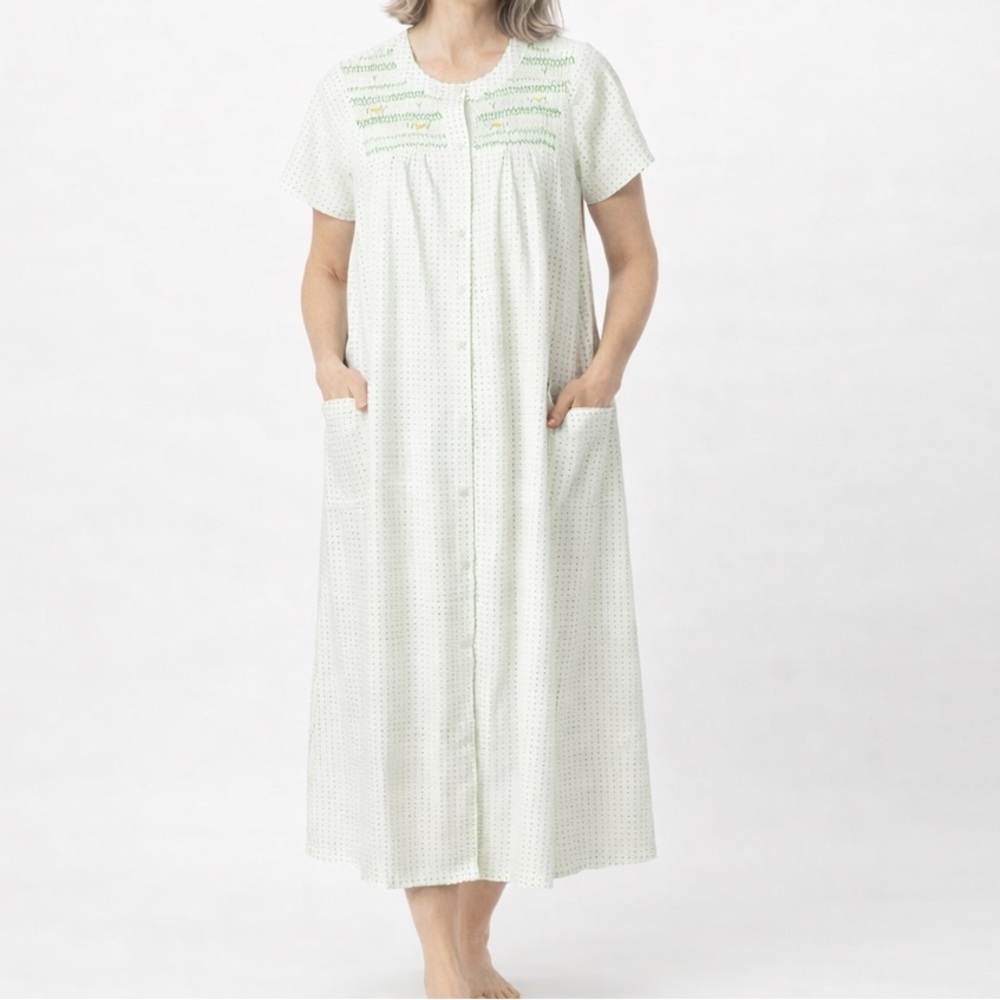 Vintage Plum Blossoms Smocked House Dress Nightgown Polka Dot L Cottagecore